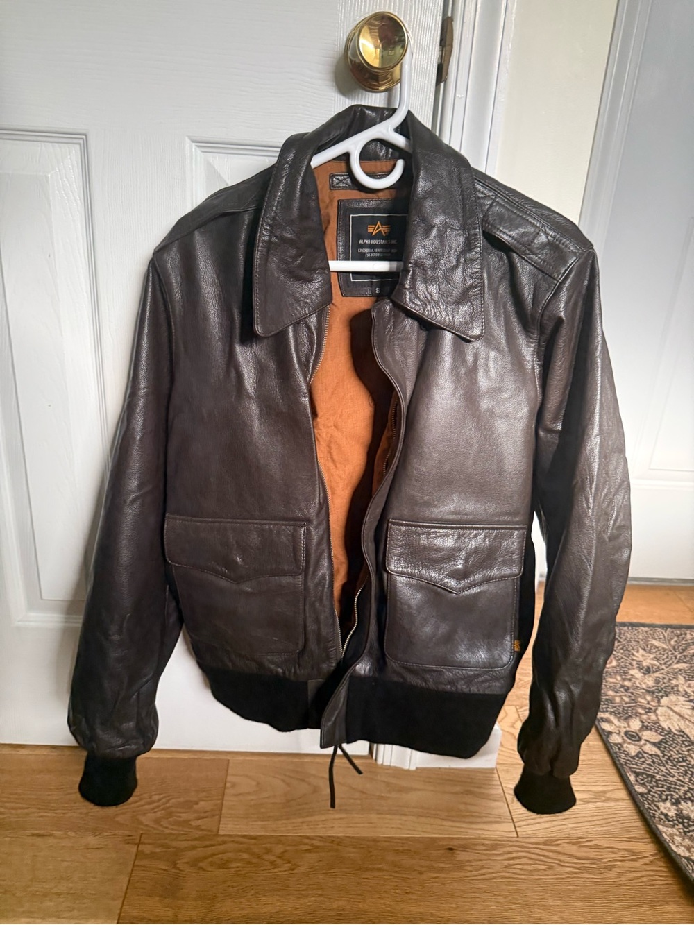 Alpha Industries Dark Brown Leather Bomber Jacket with Orange Lining